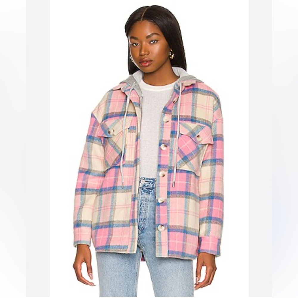 NWOT Central Park West Ryder Plaid Dickie Shacket w Removable Hoodie in Pink - M